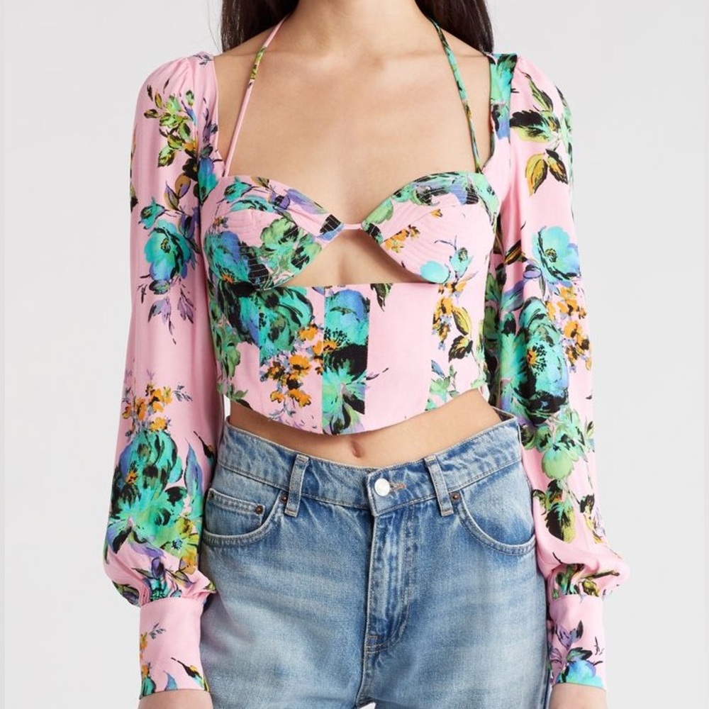 Floral Pink Long-Sleeve Bustier Crop Top